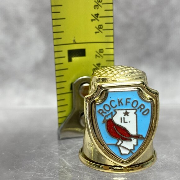 Gold-tone Souvenir Thimble With Rockford IL Cardinal Design Metal Shield - Picture 7 of 7